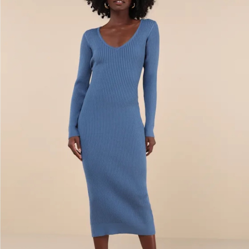 Blue Ribbed Knit Dress